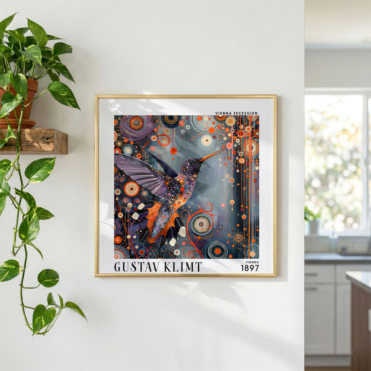 Gustav Klimt Style Hummingbird Mosaic Print – Orange Purple Square Art