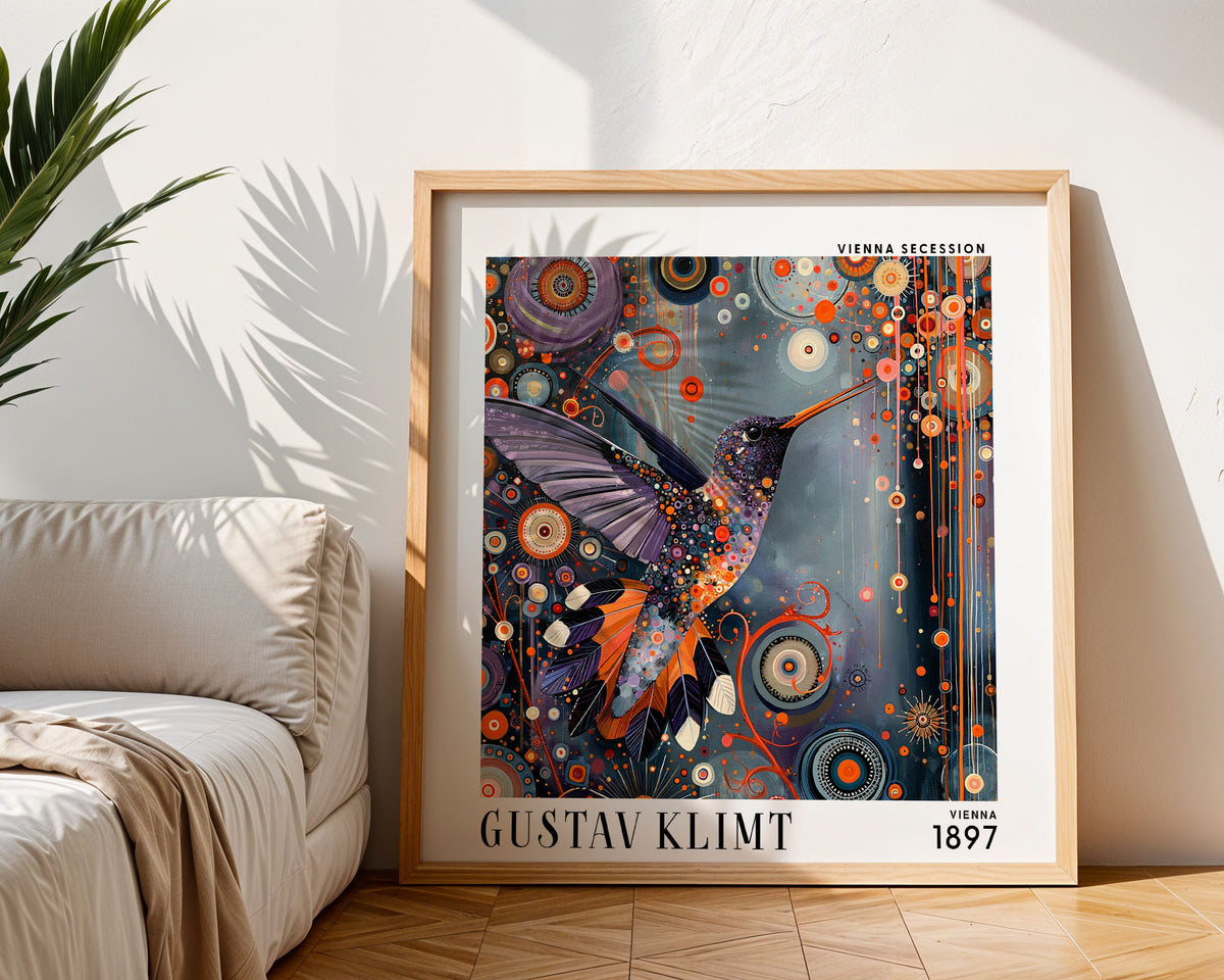 Gustav Klimt Style Hummingbird Mosaic Print – Orange Purple Square Art