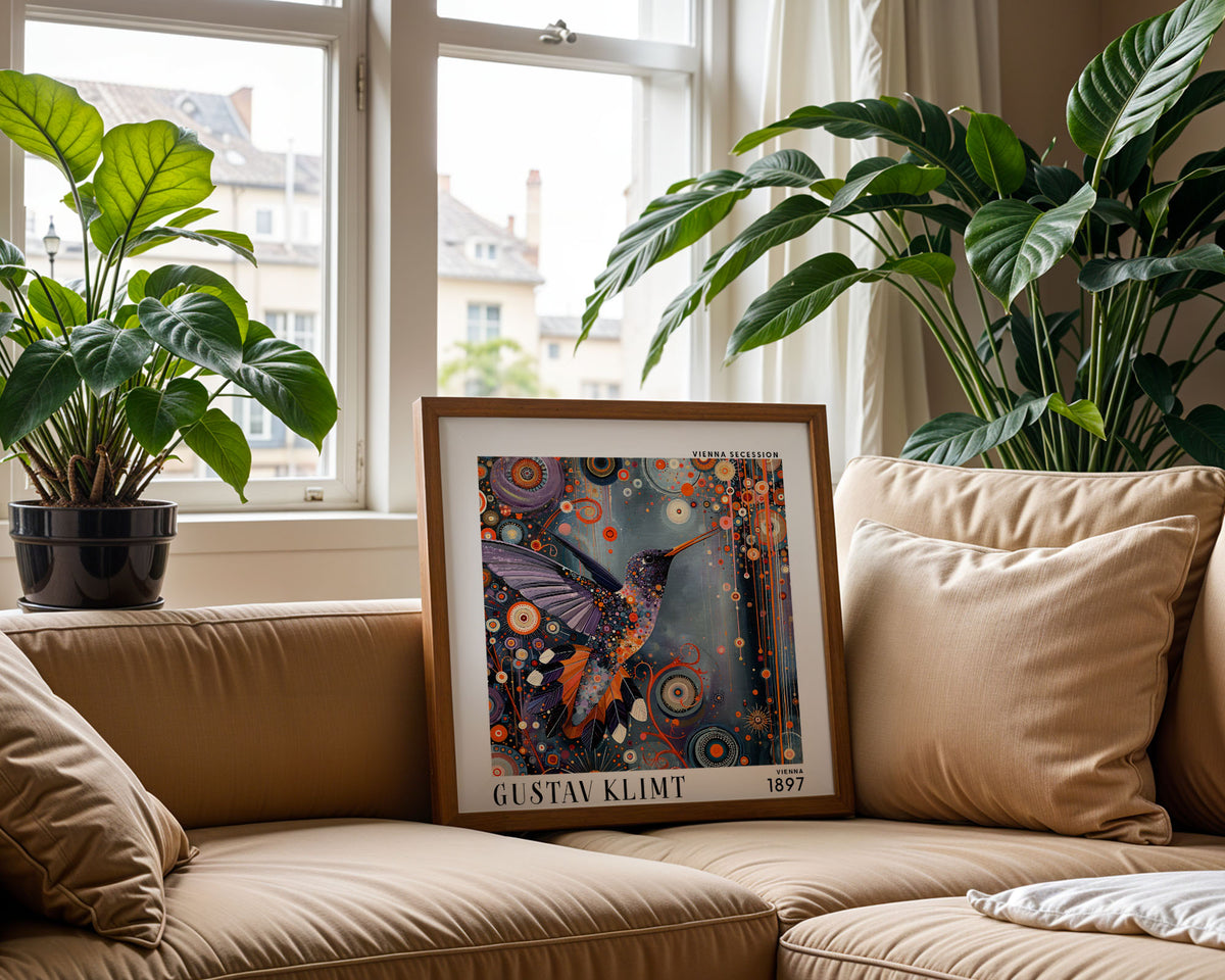 Gustav Klimt Style Hummingbird Mosaic Print – Orange Purple Square Art