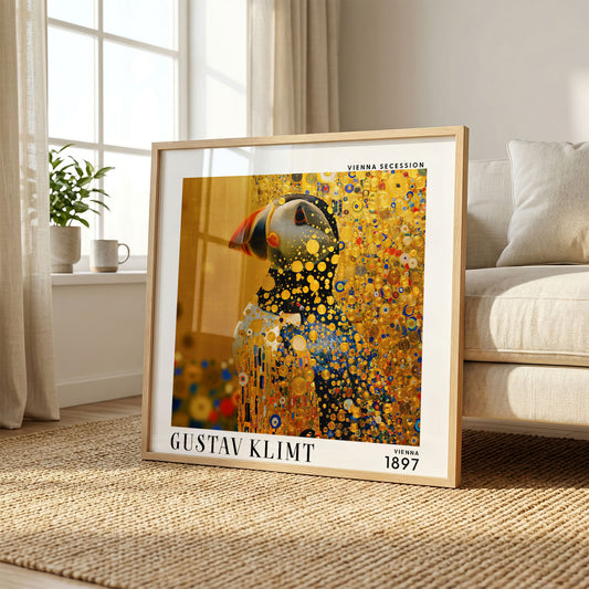 Gustav Klimt Style Puffin Print – Gold Blue Bird Square Wall Art