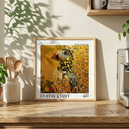 Gustav Klimt Style Puffin Print – Gold Blue Bird Square Wall Art