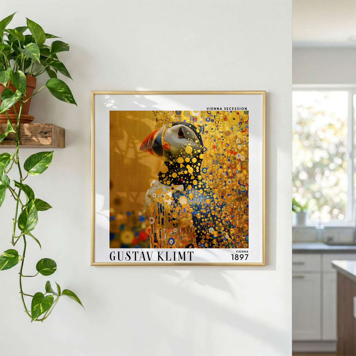 Gustav Klimt Style Puffin Print – Gold Blue Bird Square Wall Art