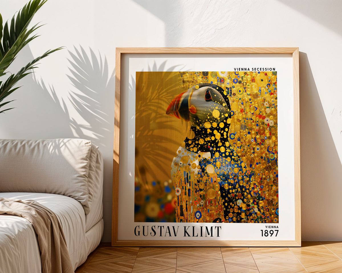 Gustav Klimt Style Puffin Print – Gold Blue Bird Square Wall Art