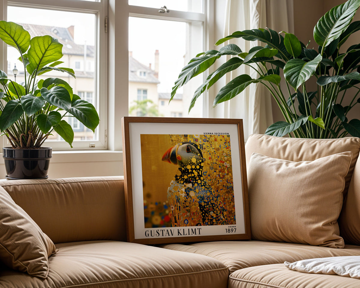 Gustav Klimt Style Puffin Print – Gold Blue Bird Square Wall Art