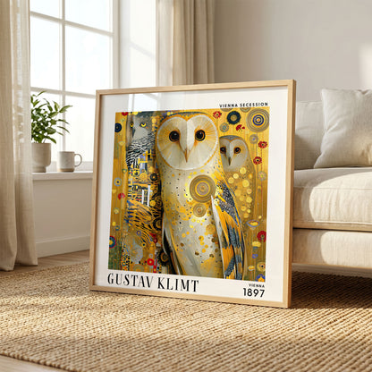 Gustav Klimt Style Owl Print – Golden Owls Art Nouveau Square Wall Art