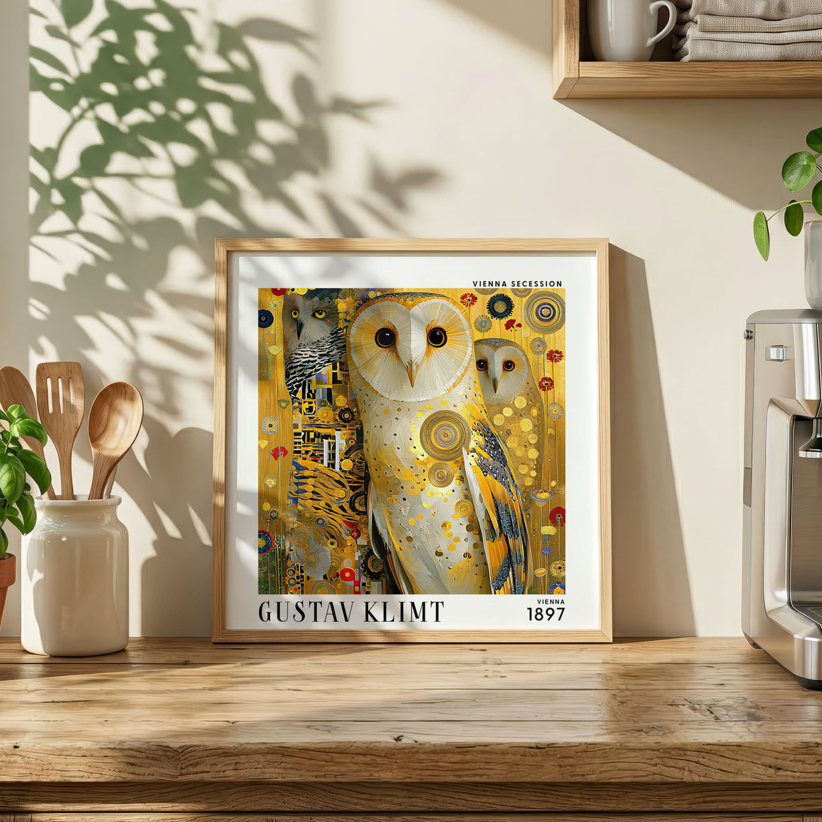 Gustav Klimt Style Owl Print – Golden Owls Art Nouveau Square Wall Art