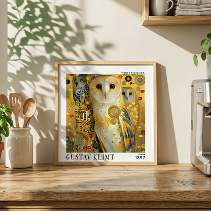 Gustav Klimt Style Owl Print – Golden Owls Art Nouveau Square Wall Art
