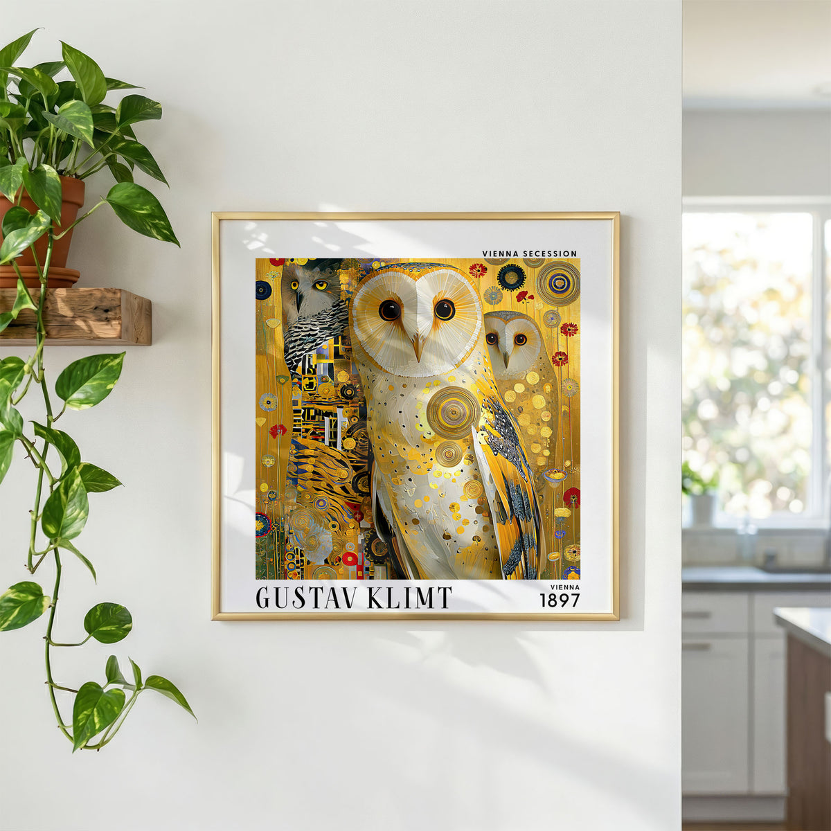 Gustav Klimt Style Owl Print – Golden Owls Art Nouveau Square Wall Art