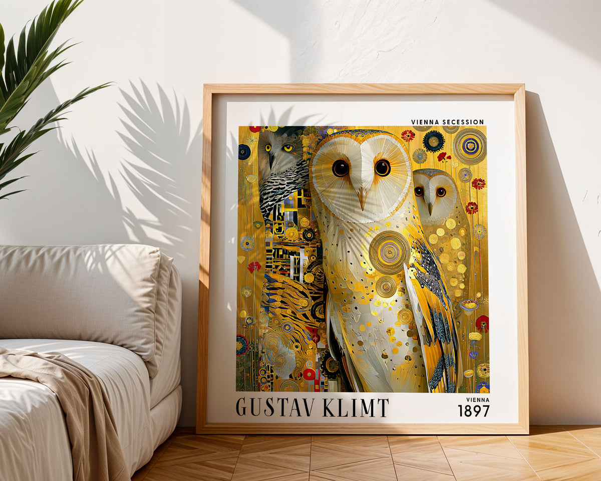 Gustav Klimt Style Owl Print – Golden Owls Art Nouveau Square Wall Art