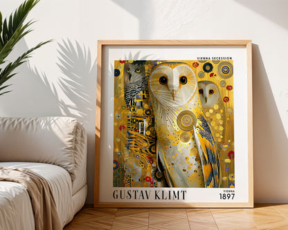 Gustav Klimt Style Owl Print – Golden Owls Art Nouveau Square Wall Art