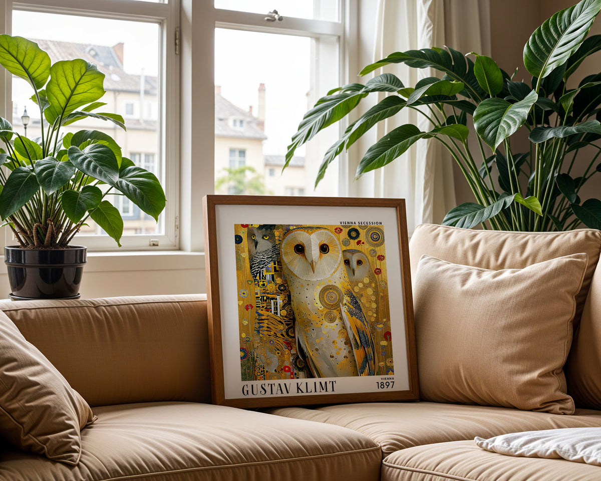 Gustav Klimt Style Owl Print – Golden Owls Art Nouveau Square Wall Art
