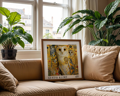 Gustav Klimt Style Owl Print – Golden Owls Art Nouveau Square Wall Art