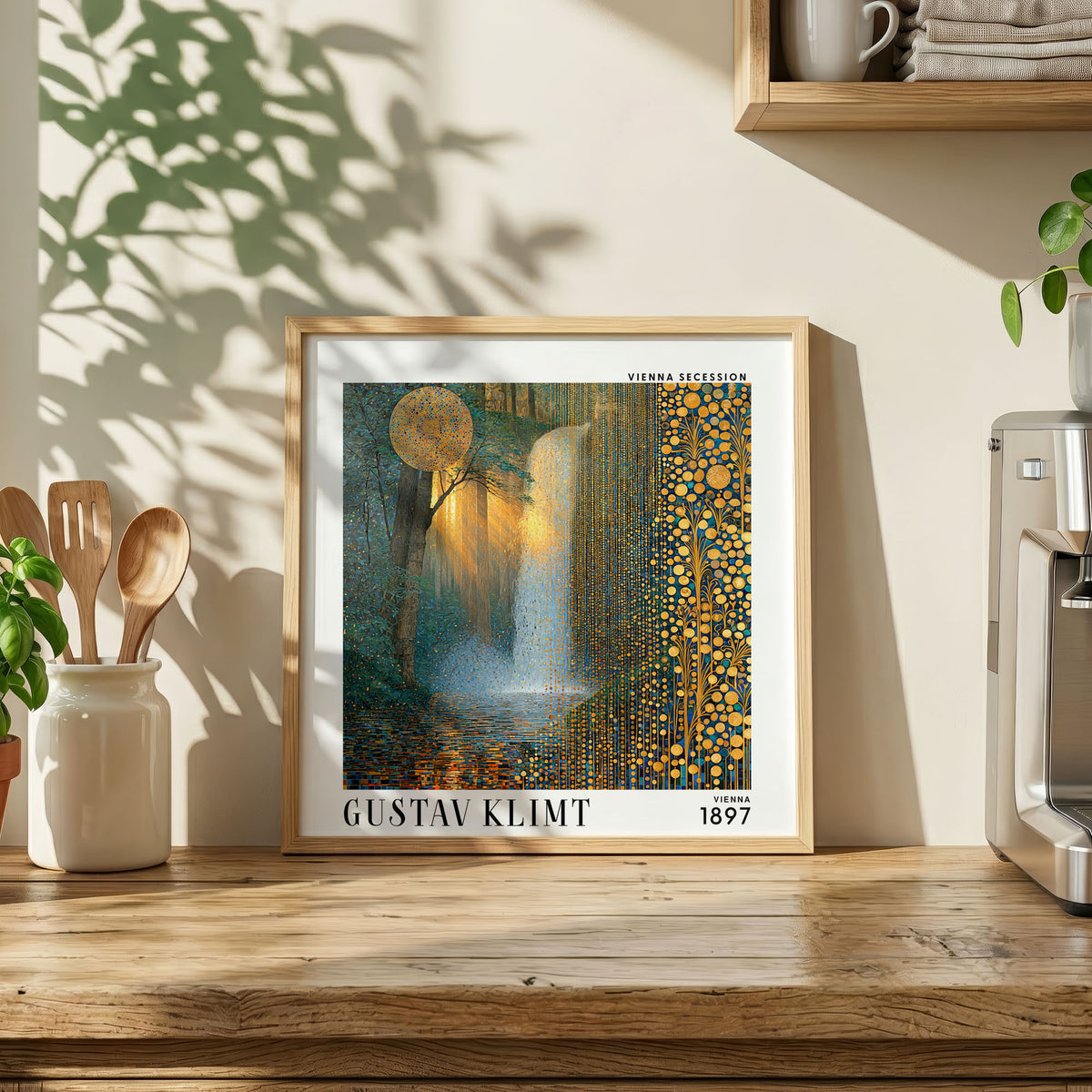 Gustav Klimt Style Sunlit Waterfall Print – Gold Blue Forest Square Art