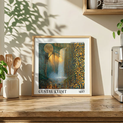 Gustav Klimt Style Sunlit Waterfall Print – Gold Blue Forest Square Art