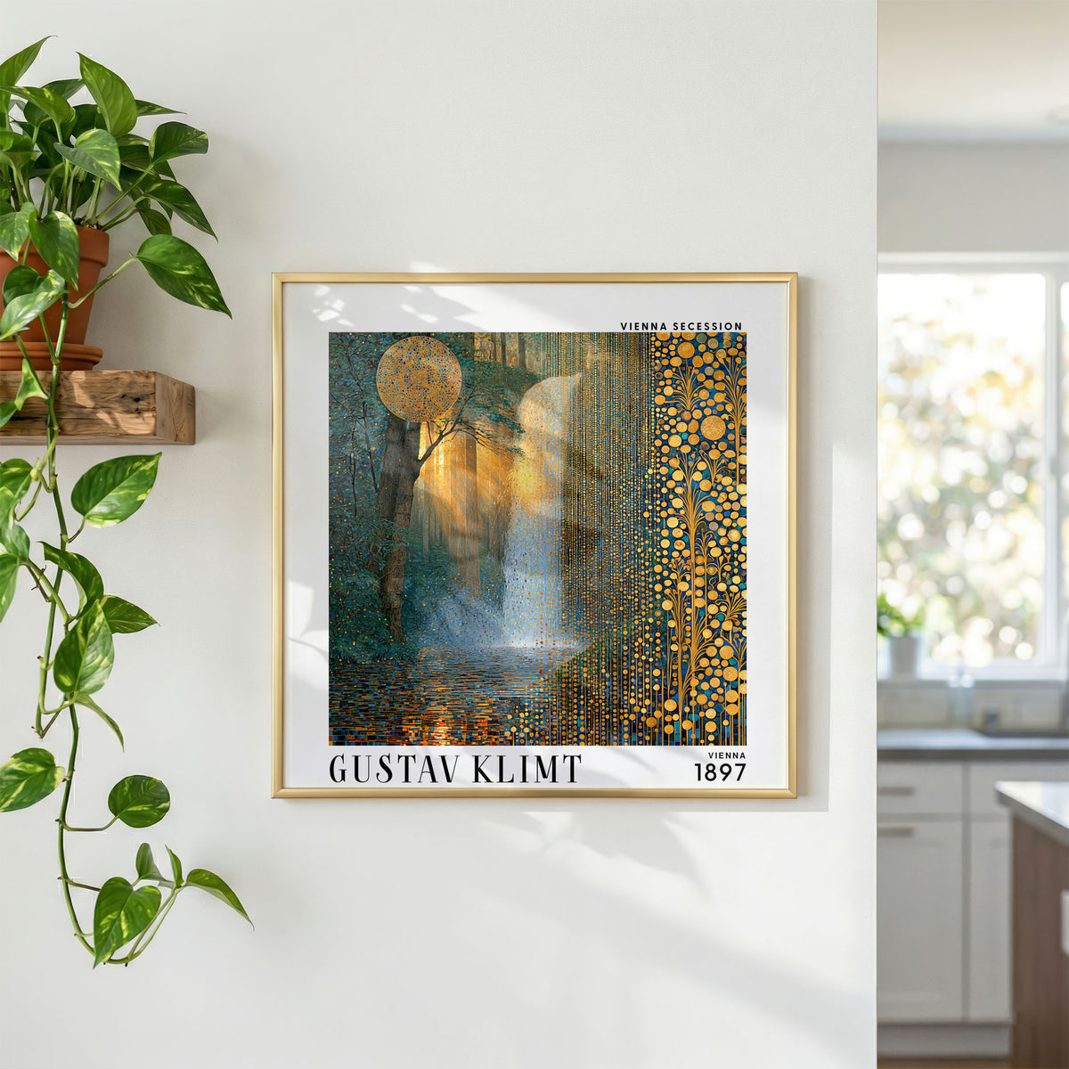 Gustav Klimt Style Sunlit Waterfall Print – Gold Blue Forest Square Art