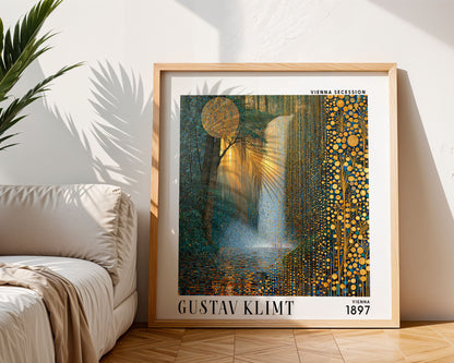 Gustav Klimt Style Sunlit Waterfall Print – Gold Blue Forest Square Art