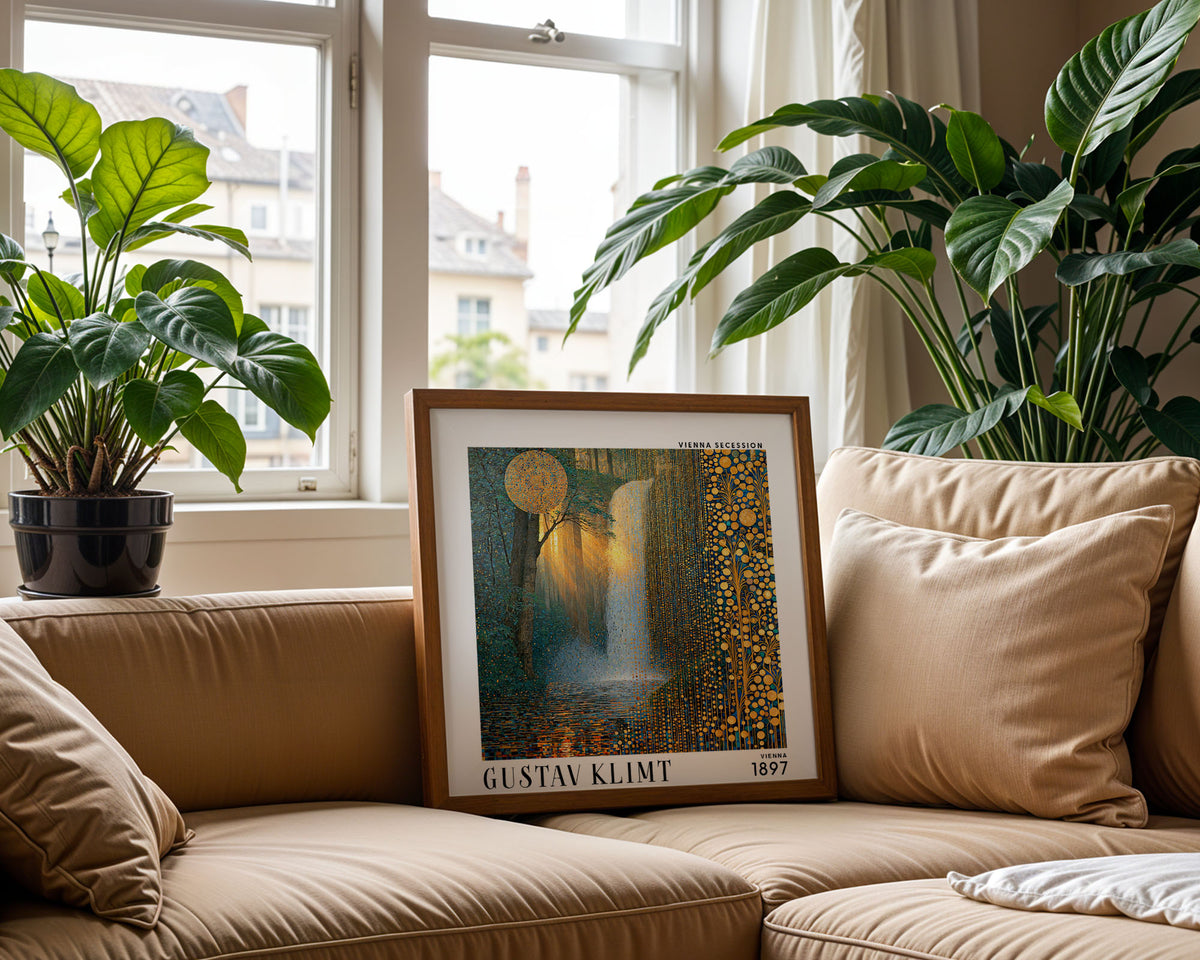 Gustav Klimt Style Sunlit Waterfall Print – Gold Blue Forest Square Art