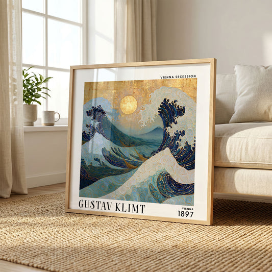 Gustav Klimt Style Ocean Wave Print – Blue Gold Japanese Wave Square Art