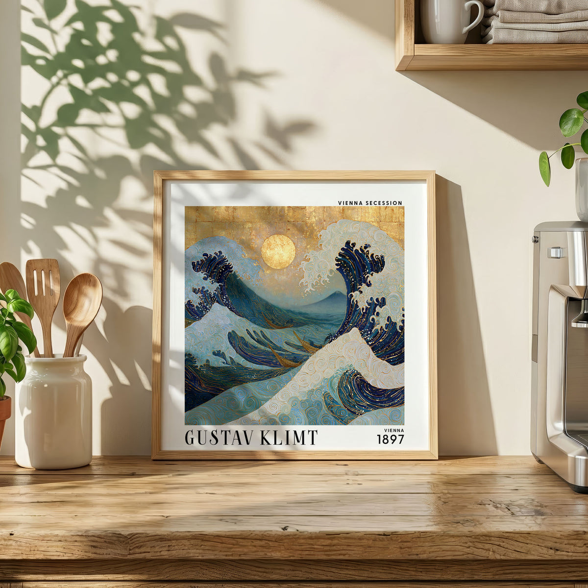 Gustav Klimt Style Ocean Wave Print – Blue Gold Japanese Wave Square Art