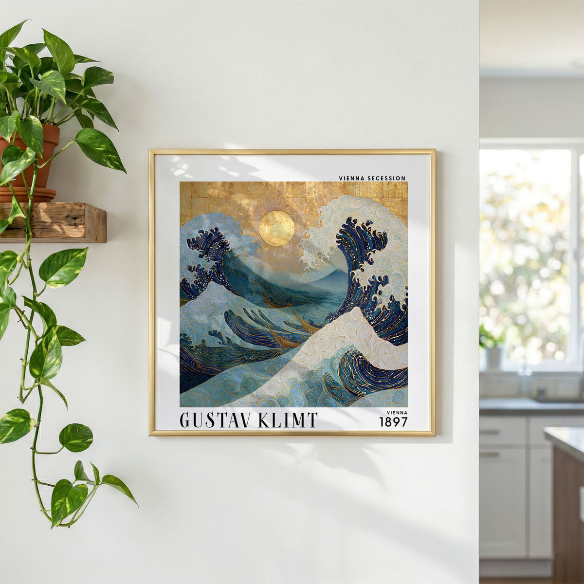 Gustav Klimt Style Ocean Wave Print – Blue Gold Japanese Wave Square Art