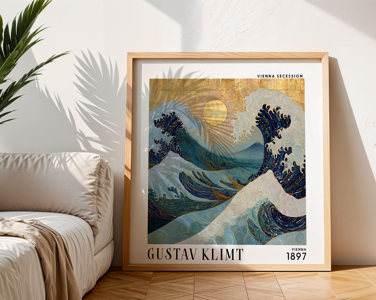 Gustav Klimt Style Ocean Wave Print – Blue Gold Japanese Wave Square Art