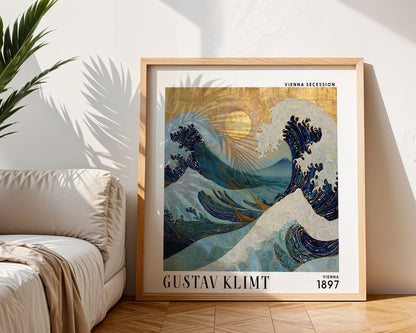 Gustav Klimt Style Ocean Wave Print – Blue Gold Japanese Wave Square Art