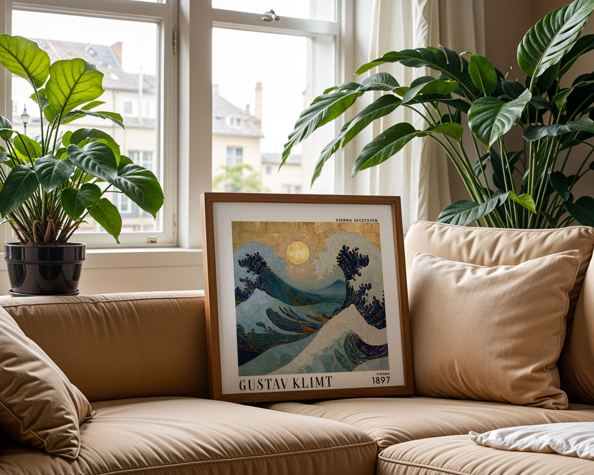 Gustav Klimt Style Ocean Wave Print – Blue Gold Japanese Wave Square Art