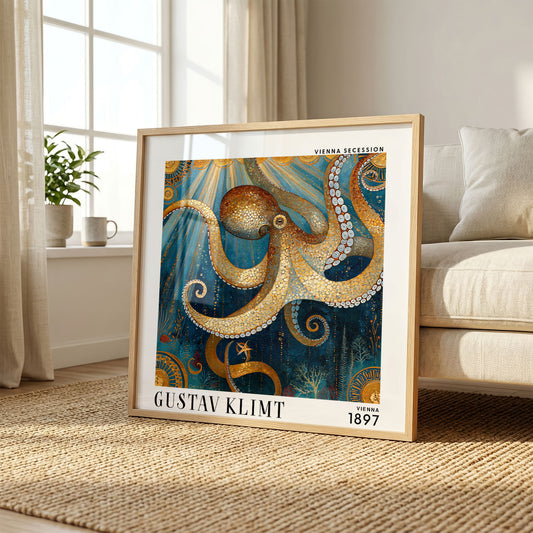 Gustav Klimt Style Mosaic Octopus Print – Gold Blue Sea Life Square Art
