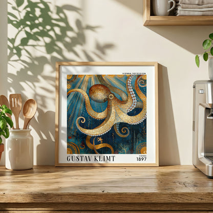 Gustav Klimt Style Mosaic Octopus Print – Gold Blue Sea Life Square Art