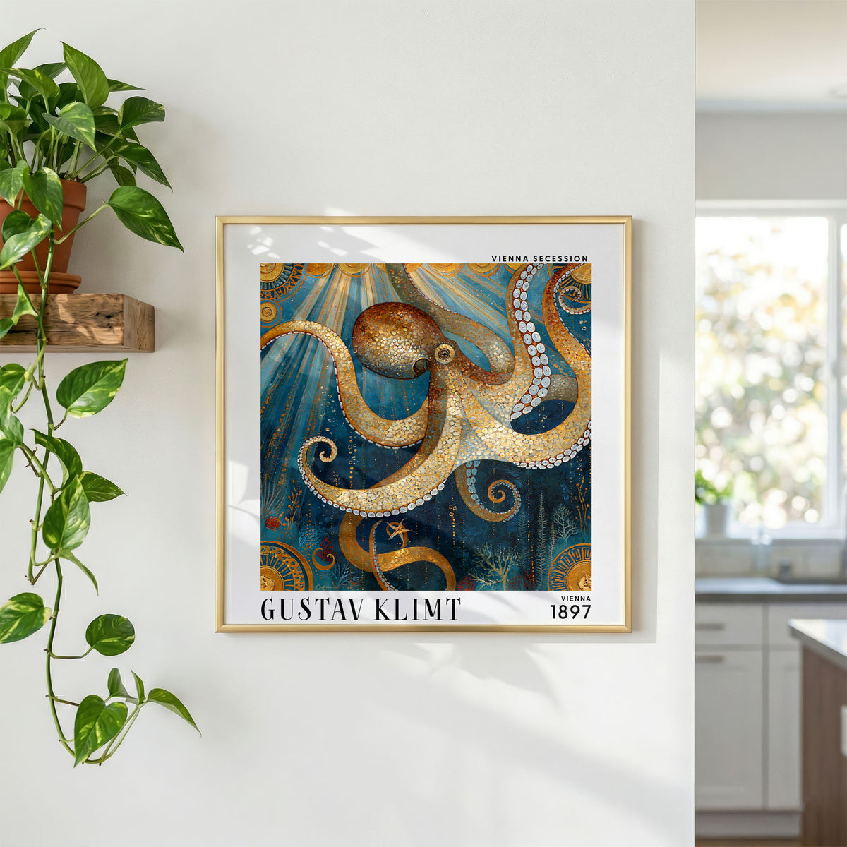 Gustav Klimt Style Mosaic Octopus Print – Gold Blue Sea Life Square Art