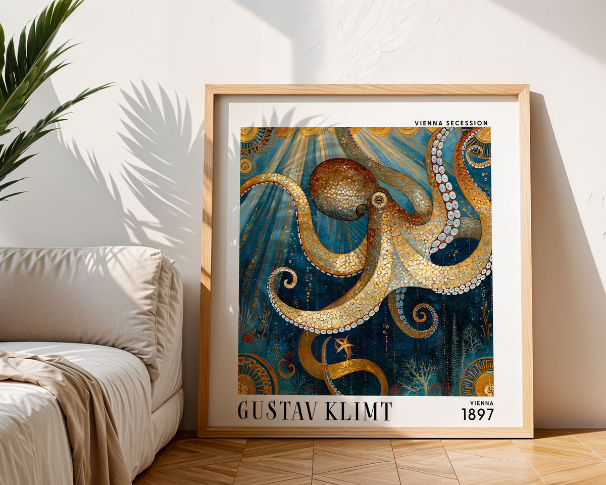 Gustav Klimt Style Mosaic Octopus Print – Gold Blue Sea Life Square Art