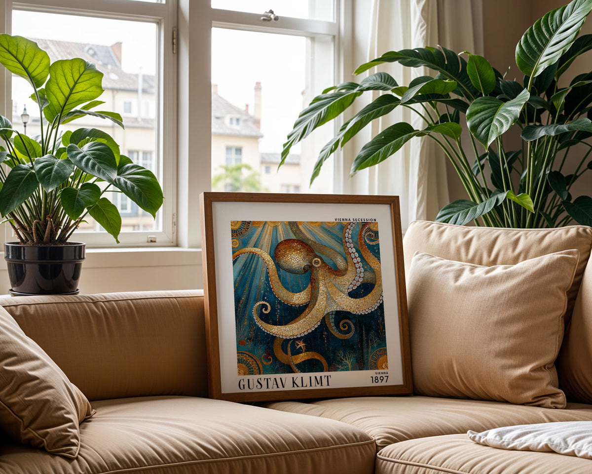 Gustav Klimt Style Mosaic Octopus Print – Gold Blue Sea Life Square Art