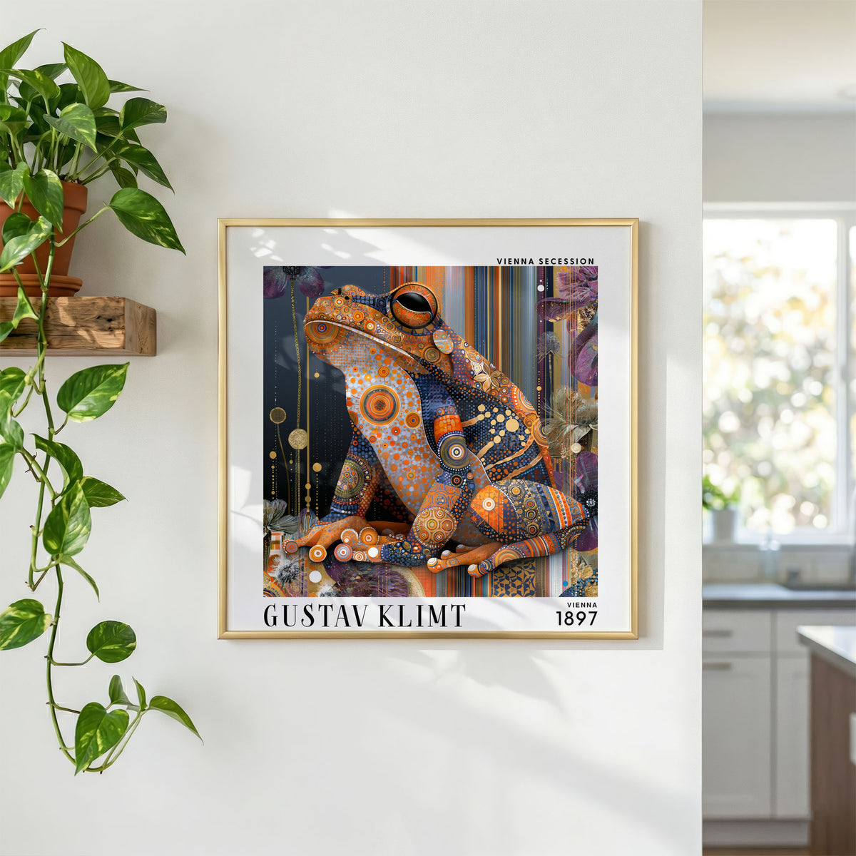 Gustav Klimt Style Frog Print – Orange Blue Art Nouveau Square Wall Art