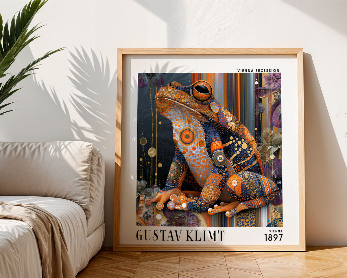 Gustav Klimt Style Frog Print – Orange Blue Art Nouveau Square Wall Art