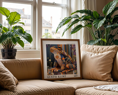 Gustav Klimt Style Frog Print – Orange Blue Art Nouveau Square Wall Art