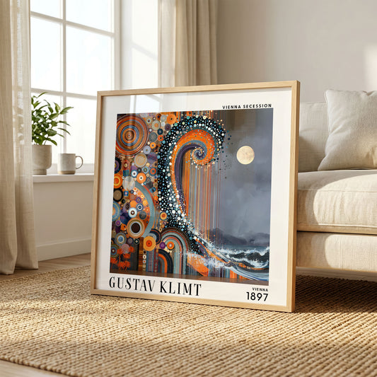 Gustav Klimt Style Abstract Ocean Wave Print – Orange Blue Moon Square Art
