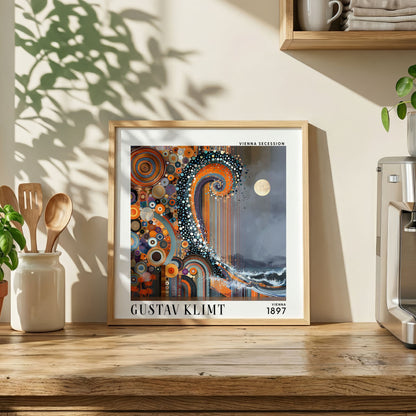 Gustav Klimt Style Abstract Ocean Wave Print – Orange Blue Moon Square Art