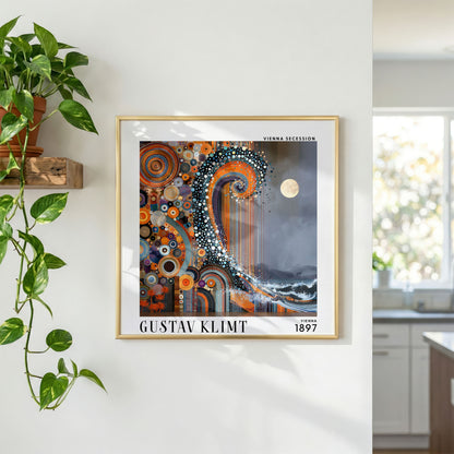 Gustav Klimt Style Abstract Ocean Wave Print – Orange Blue Moon Square Art