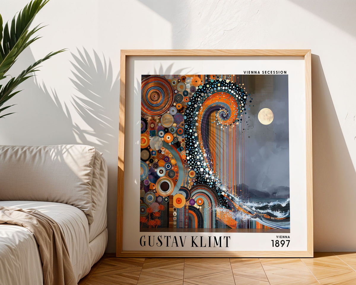 Gustav Klimt Style Abstract Ocean Wave Print – Orange Blue Moon Square Art