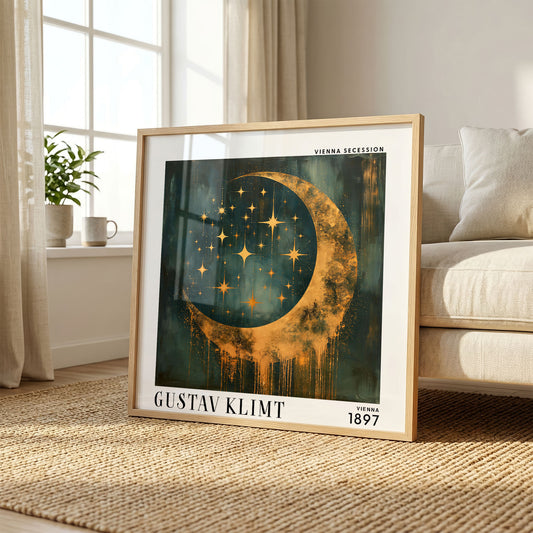 Gustav Klimt Style Crescent Moon Print – Gold Teal Celestial Square Art