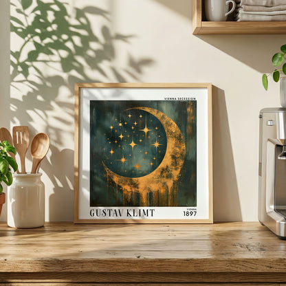 Gustav Klimt Style Crescent Moon Print – Gold Teal Celestial Square Art