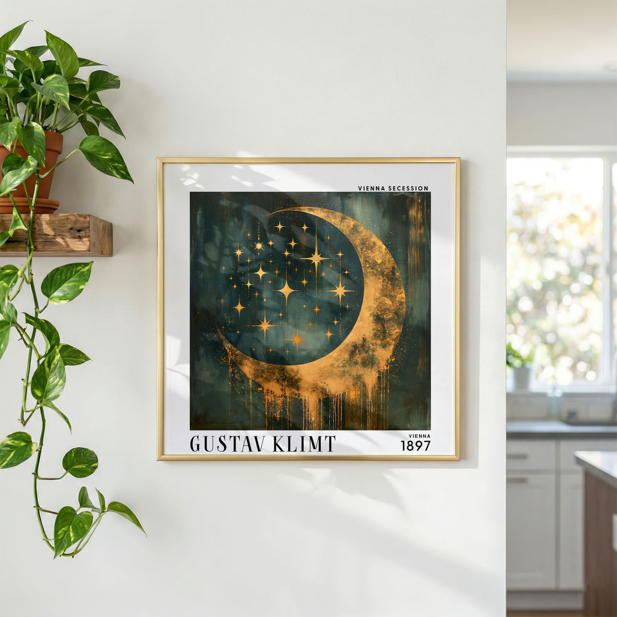 Gustav Klimt Style Crescent Moon Print – Gold Teal Celestial Square Art