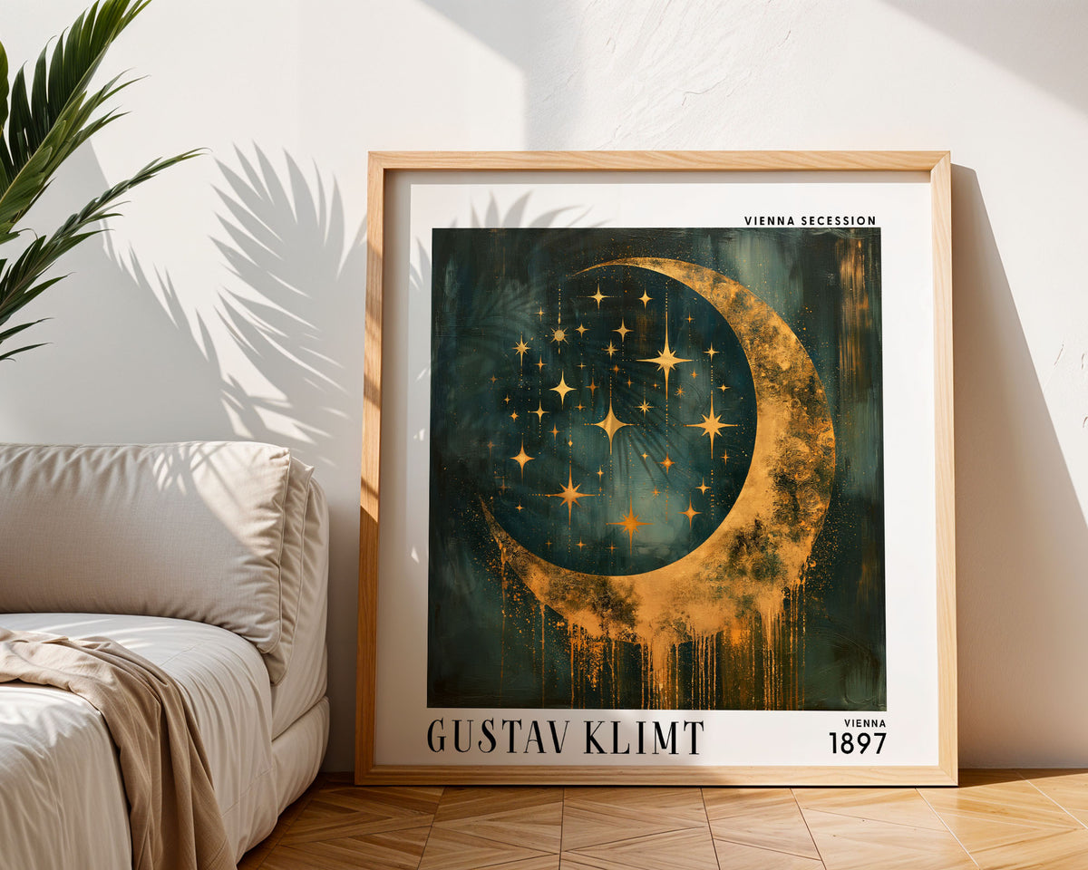 Gustav Klimt Style Crescent Moon Print – Gold Teal Celestial Square Art