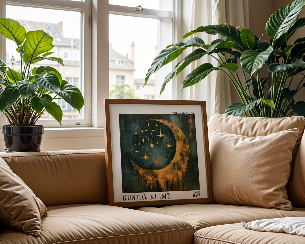 Gustav Klimt Style Crescent Moon Print – Gold Teal Celestial Square Art