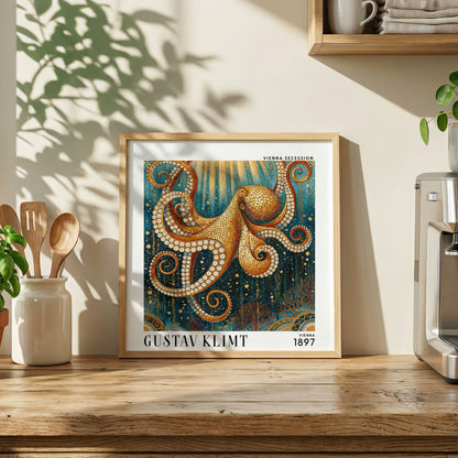 Gustav Klimt Style Golden Octopus Print – Teal Art Nouveau Square Wall Art