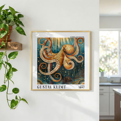 Gustav Klimt Style Golden Octopus Print – Teal Art Nouveau Square Wall Art