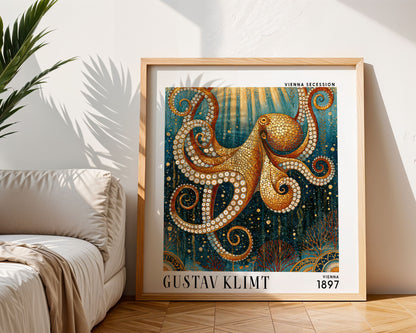 Gustav Klimt Style Golden Octopus Print – Teal Art Nouveau Square Wall Art