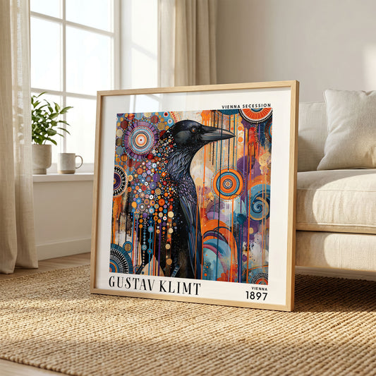 Gustav Klimt Style Raven Print – Colourful Crow Art Nouveau Square Art
