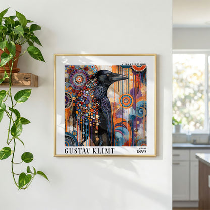 Gustav Klimt Style Raven Print – Colourful Crow Art Nouveau Square Art