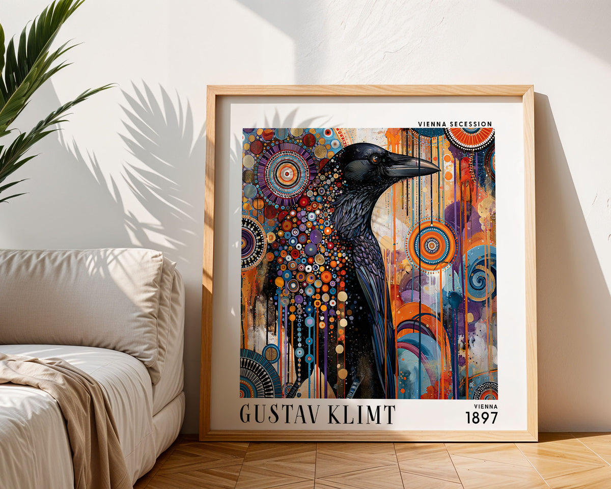 Gustav Klimt Style Raven Print – Colourful Crow Art Nouveau Square Art